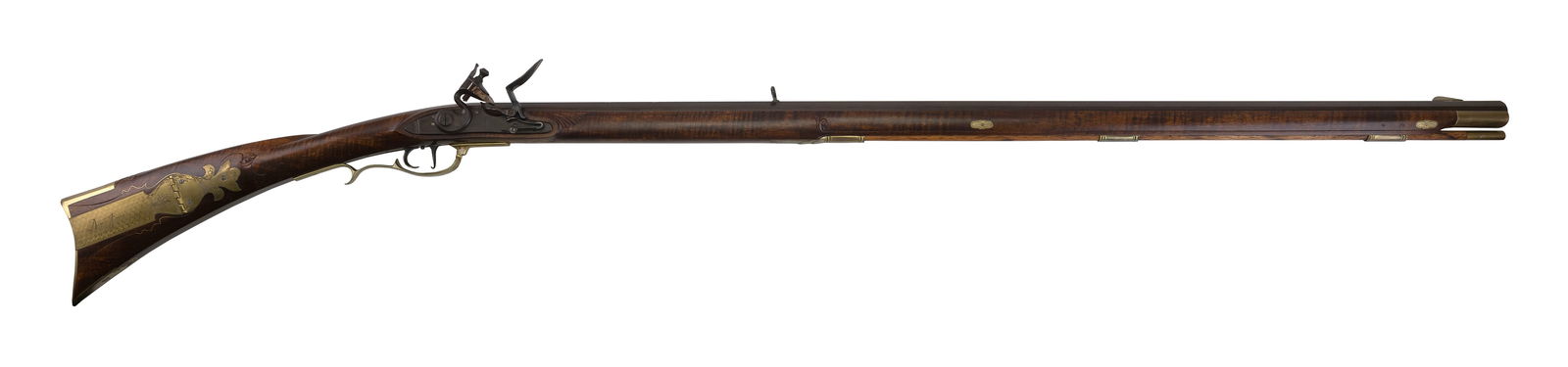 DENNIS PITTS KENTUCKY FLINTLOCK RIFLE Hayward, Wisconsin, Circa 1987 Length of barrel 38". Total: DENNIS PITTS KENTUCKY FLINTLOCK RIFLEHayward, Wisconsin, Circa 1987.50 cal. Tiger maple stock with brass and silver inlay.Length of barrel 38". Total length 55".