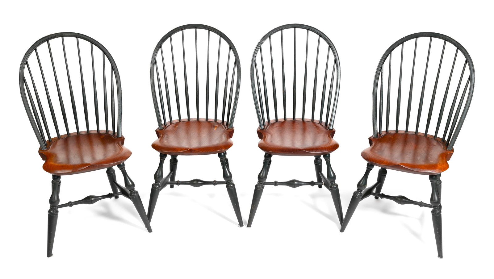 FOUR WARREN CHAIR WORKS WINDSOR CHAIRS Rhode Island, 20th Century Back heights 37". Seat heights: FOUR WARREN CHAIR WORKS WINDSOR CHAIRSRhode Island, 20th CenturyBacks and bases painted green. Branded on undersides.Back heights 37". Seat heights 17".