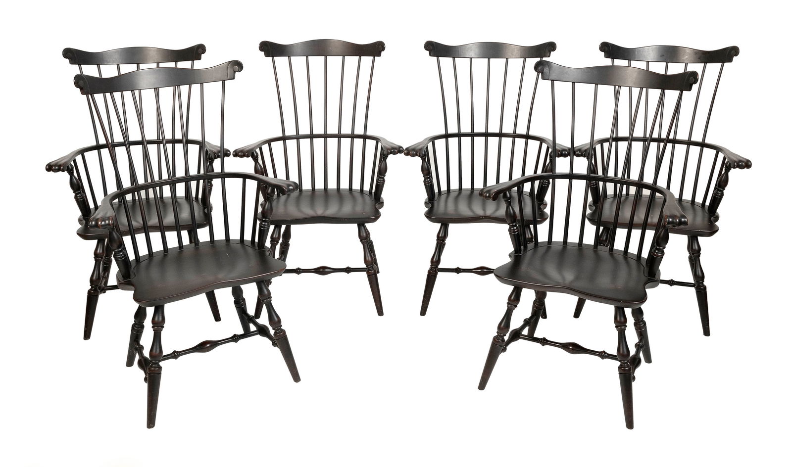 SET OF SIX COMB-BACK WINDSOR CHAIRS America, Contemporary Back heights 44". Seat heights 17.5".: SET OF SIX COMB-BACK WINDSOR CHAIRSAmerica, ContemporaryUnder a dark finish.Back heights 44". Seat heights 17.5".