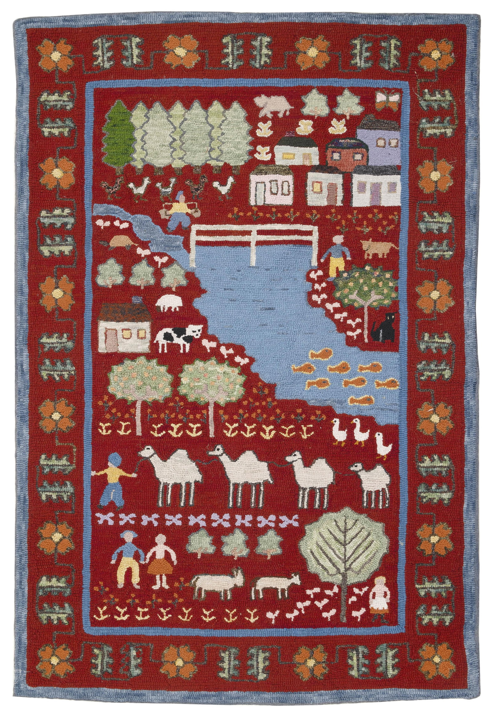 CONTEMPORARY HOOKED RUG: 2'10" X 4'4" Late 20th Century: CONTEMPORARY HOOKED RUG: 2'10" X 4'4" Late 20th Century By Dorothy Spooner of North Eastham, Massachusetts, circa 1990. Depicts a river landscape with human and animal figures, cottages, fruit trees, 