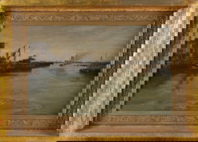 EUGENE LOUIS BOUDIN (France, 1824-1898), European harbor scene., Oil on canvas, 15" x 24". Framed