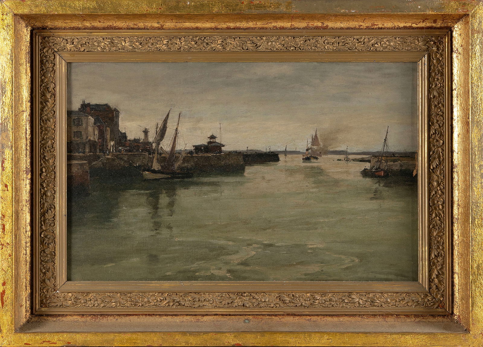 EUGENE LOUIS BOUDIN (France, 1824-1898), European harbor scene., Oil on canvas, 15" x 24". Framed
