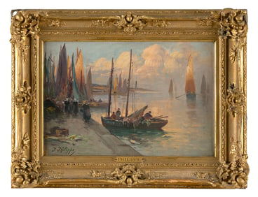 PIERRE PHILIPPE BERTRAND (France, 1884-1975), Breton fishermen., Oil on canvas, 9.5" x 13.75".