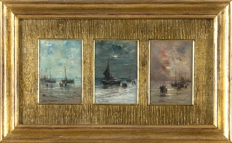 EDWARD ANTOON PORTIELJE (Belgium, 1861-1949), Three coastal scenes with figures and sailing