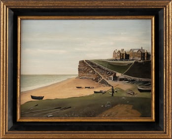 ENGLISH SCHOOL (Early 20th Century,), Coastal scene with houses on a bluff., Oil on board, 9" x 12".