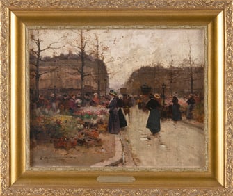 EUGENE GALIEN-LALOUE (France, 1854-1941), Paris flower market., Oil on canvas, 11.75" x 14". Framed
