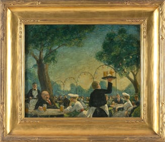 AMERICAN SCHOOL (Early 20th Century,), Dining alfresco., Oil on canvas, 16" x 20". Framed 24" x