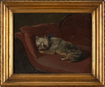 HERMANN GUSTAV SIMON (Pennsylvania/Germany, 1846-1895), Dog wearing a blue ribbon resting on a