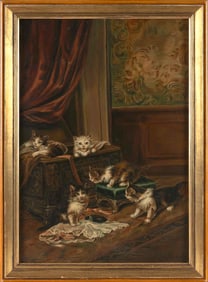 JULES LE ROY (France, 1833-1865), Interior scene with several cats., Oil on canvas laid down on