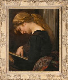 JACUB OBROVSKY (Czech Republic, 1882-1949), Woman Reading, Oil on cardboard, 29" x 23". Framed 36" x