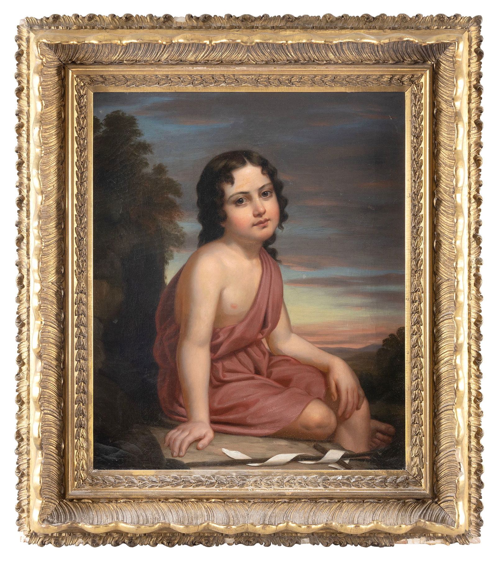 SCHOOL OF THOMAS SULLY (America, 19th Century), A child in classical attire in a sunset landscape.,: SCHOOL OF THOMAS SULLYAmerica, 19th CenturyA child in classical attire in a sunset landscape. Unsigned. Stamp verso for Edward Dechaux, New York.Oil on canvas, 30.5" x 25". Framed 43" x 36".