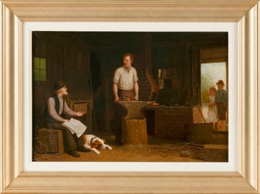 SAMUEL S. CARR (New York, 1837-1908), The blacksmith's shop., Oil on canvas, 12" x 18". Framed 17" x