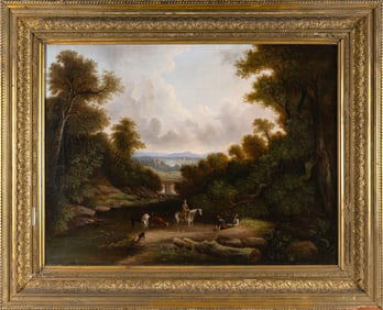 AMERICAN SCHOOL (19th Century,), Landscape with cows and a figure on horseback., Oil on canvas, 27"
