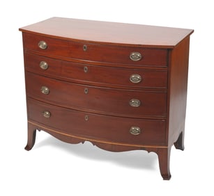 HEPPLEWHITE BOWFRONT BUREAU New England, Circa 1800 Height 34.5". Width 41.75". Depth 21.5".