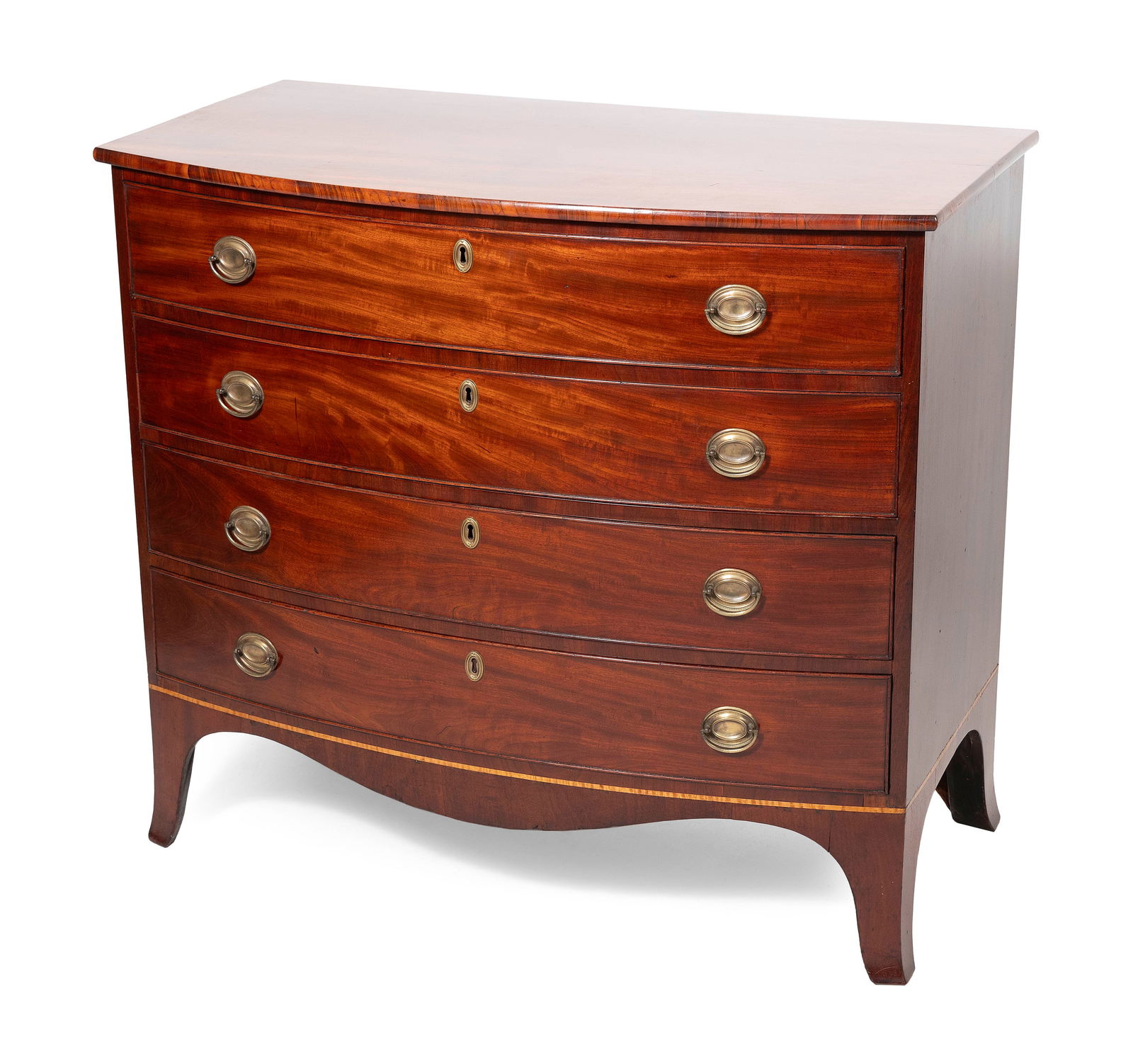 HEPPLEWHITE BOWFRONT BUREAU Probably Rhode Island, Circa 1800 Height 36.75". Width 41.5". Depth