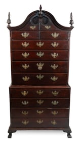 CHIPPENDALE TIGER MAPLE CHEST-ON-CHEST Newport, Rhode Island, 18th Century Height 82". Width 38".