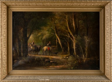 WILLIAM OTIS BEMIS (Massachusetts, 1819-1883), Travelers on a forest road., Oil on canvas, 24" x