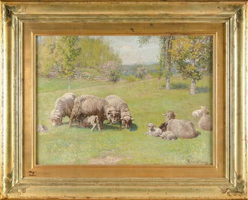 JOHN JOSEPH ENNEKING (Massachusetts/New York/Maine/Ohio, 1841-1916), Sheep in a pasture., Oil on