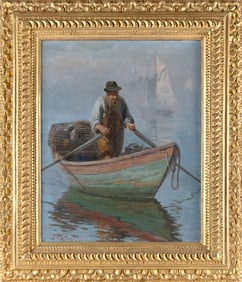 AUGUSTUS WALDECK BUHLER (Massachusetts, 1853-1920), Fisherman in a rowboat., Oil on canvas, 28" x