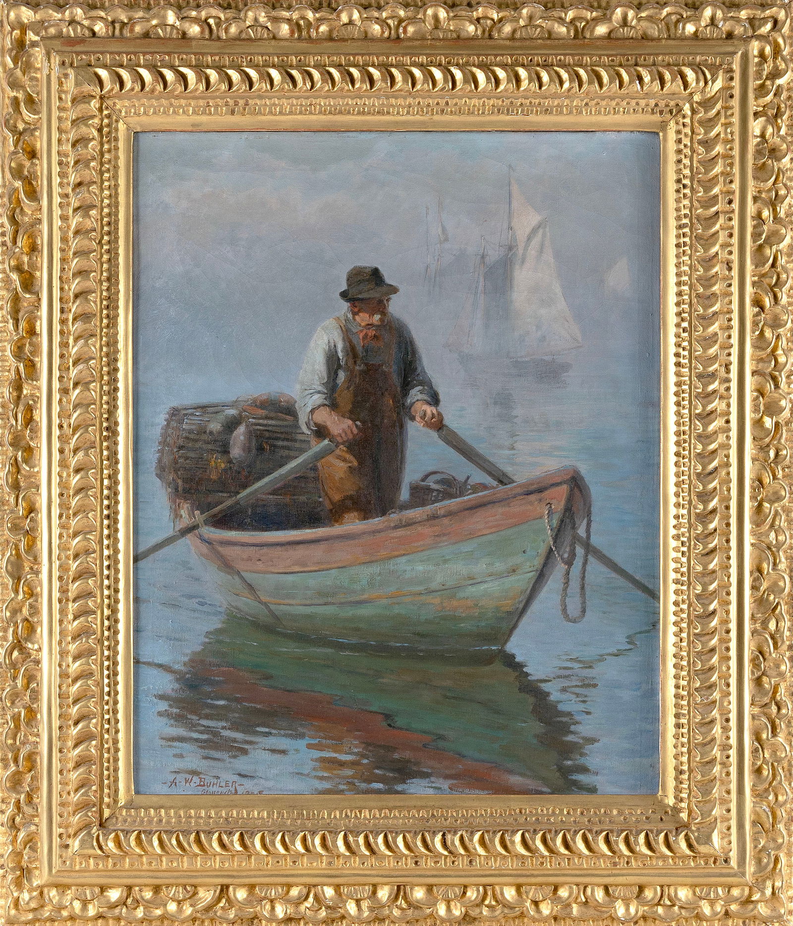 AUGUSTUS WALDECK BUHLER (Massachusetts, 1853-1920), Fisherman in a rowboat., Oil on canvas, 28" x (1 of 2)