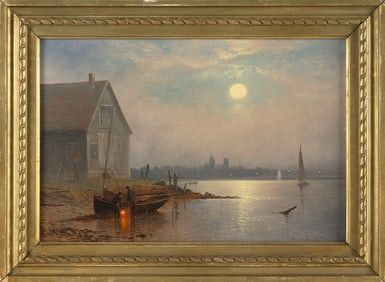 CHARLES HENRY GIFFORD (Massachusetts, 1839-1904), Moonlight, New Bedford Harbor., Oil on canvas, 8"
