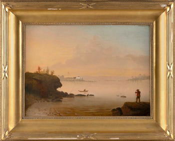 AMERICAN SCHOOL (19th Century,), Sunlit coastal scene with a figure and a rowboat., Oil on canvas,
