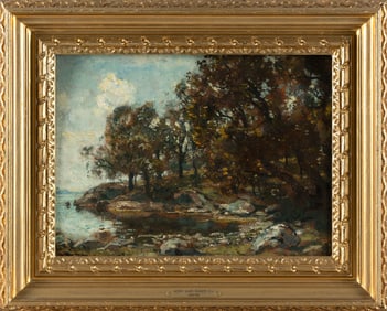 HENRY WARD RANGER (New York/Connecticut, 1858-1915), Wooded lake scene., Oil on board, 12" x 16.5".