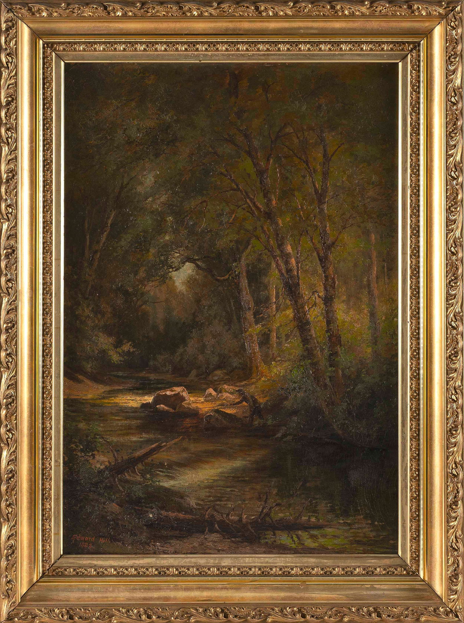 EDWARD HILL (New Hampshire/California/Oregon, 1843-1923), Sunlit stream., Oil on canvas, 26" x 18". (1 of 2)