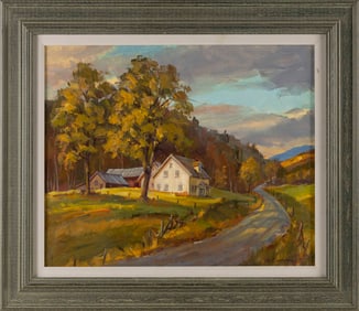 HAROLD KLOONGIAN (Massachusetts, 1929-2017), "Country Road", a fall landscape with house., Oil on