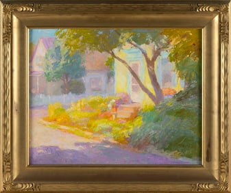 JOHN EBERSBERGER (Maryland, 1957-), "Admiral's Landing", a sunlit neighborhood scene., Oil on board,