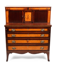 HEPPLEWHITE TWO-PART TAMBOUR SECRETARY WITH SEYMOUR INFLUENCE Circa 1800 Height 47.75". Width 39.5".