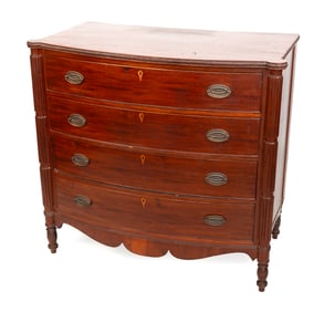 SEYMOUR SCHOOL BOWFRONT BUREAU Boston, Circa 1810 Height 39". Width 49.5". Depth 22.5".