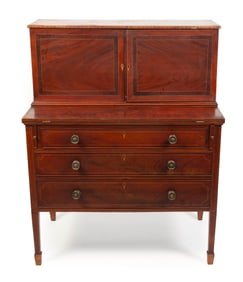 HEPPLEWHITE TWO-PART SECRETARY, POSSIBLY SEYMOUR Circa 1790 Height 49". Width 39". Depth 22.25".