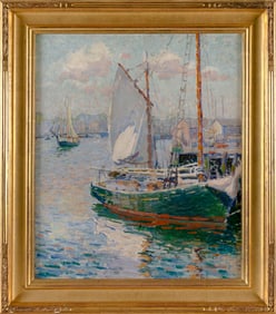 KATHERINE LEVIN FARRELL (Massachusetts/Pennsylvania, 1857-1951), "Gloucester Harbor"., Oil on