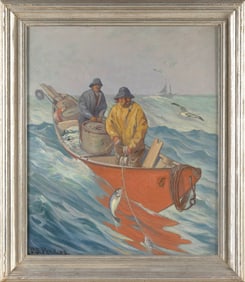 PARKER S. PERKINS (Massachusetts, 1862-1942), Two fishermen in a red dory., Oil on canvas, 24" x