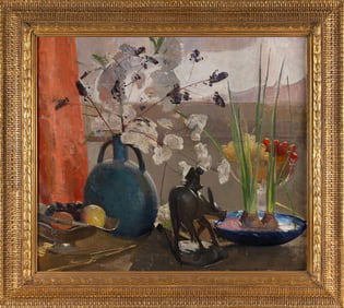 JOHN SHARMAN (Massachusetts, 1879-1971), Still life of flower bulbs, branches and a statuette., Oil