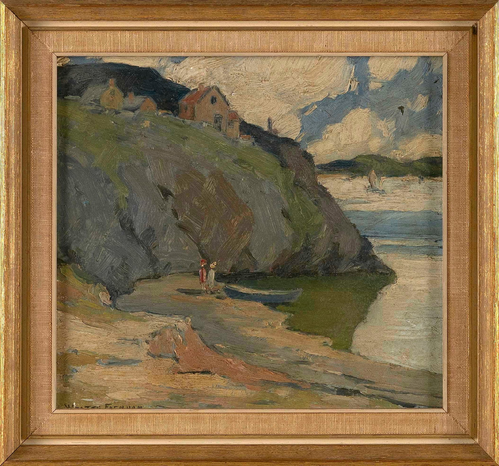 WALTER FARNDON (New York, 1876-1964), Coastal scene with houses on a rocky cliff and figures on the (1 of 3)
