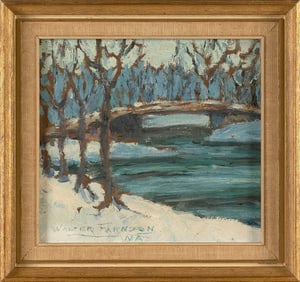 WALTER FARNDON (New York, 1876-1964), Winter scene of a bridge across a tree-lined river., Oil on