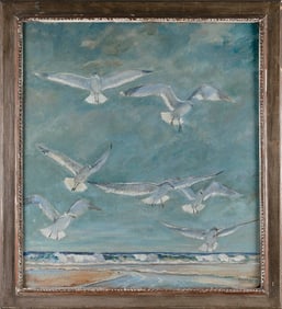 MAX KUEHNE (New York/Germany, 1880-1968), Seagulls soaring over the coast., Oil on board, 34.5" x