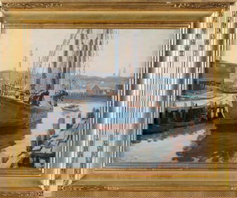 THOMAS R. CURTIN (Vermont/Massachusetts, 1899-1977), Sailboat tied up to a pier, Gloucester,