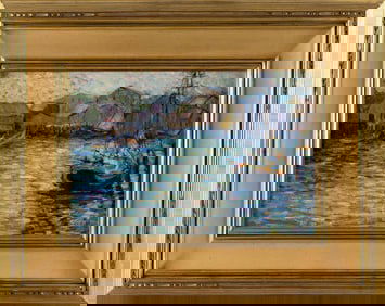 CAPE ANN SCHOOL (Early 20th Century,), Harbor scene., Oil on board, 8.5" x 12". Framed 14.5" x