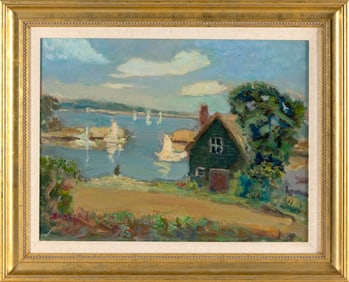 JOSEPH RIMINI (Massachusetts, 1920-2000), "Lanes Cove, Gloucester"., Oil on canvas, 18" x 24".