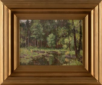 BERNARD COREY (Massachusetts, 1914-2000), "Springtime Reflections"., Oil on masonite, 9" x 12".