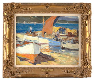 AMERICAN SCHOOL (Early 20th Century,), Boats on the shore., Oil on board, 11" x 14". Framed 16" x