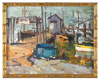 CHARLES J. MOVALLI (Massachusetts/Maine, 1945-2016), Dock scene., Oil on board, 16" x 20". Framed