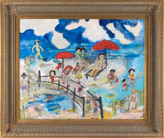 EDWARD BANFORD LEAMAN (Maine, 1946-2023), "Good Harbor Beach - A Good Day at the Beach"., Oil on