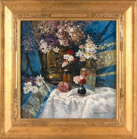 THOMAS M. NICHOLAS (Maine/Massachusetts, 1963-), Tabletop still life with several bouquets., Oil on