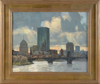 THOMAS M. NICHOLAS (Maine/Massachusetts, 1963-), Boston skyline., Oil on canvas, 16" x 20". Framed