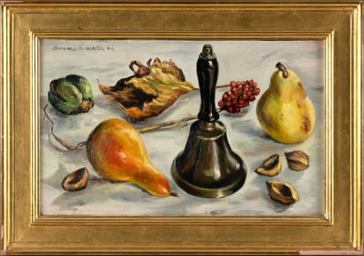 CLARENCE HOLBROOK CARTER (Ohio/New Jersey, 1904-2000), Still life of a bell, pears and autumnal