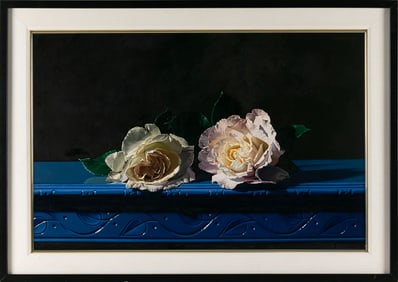 EDWIN KOCH (Oregon, 1937-2018), "Two Roses on Blue Table"., Oil on canvas mounted on panel, 20" x
